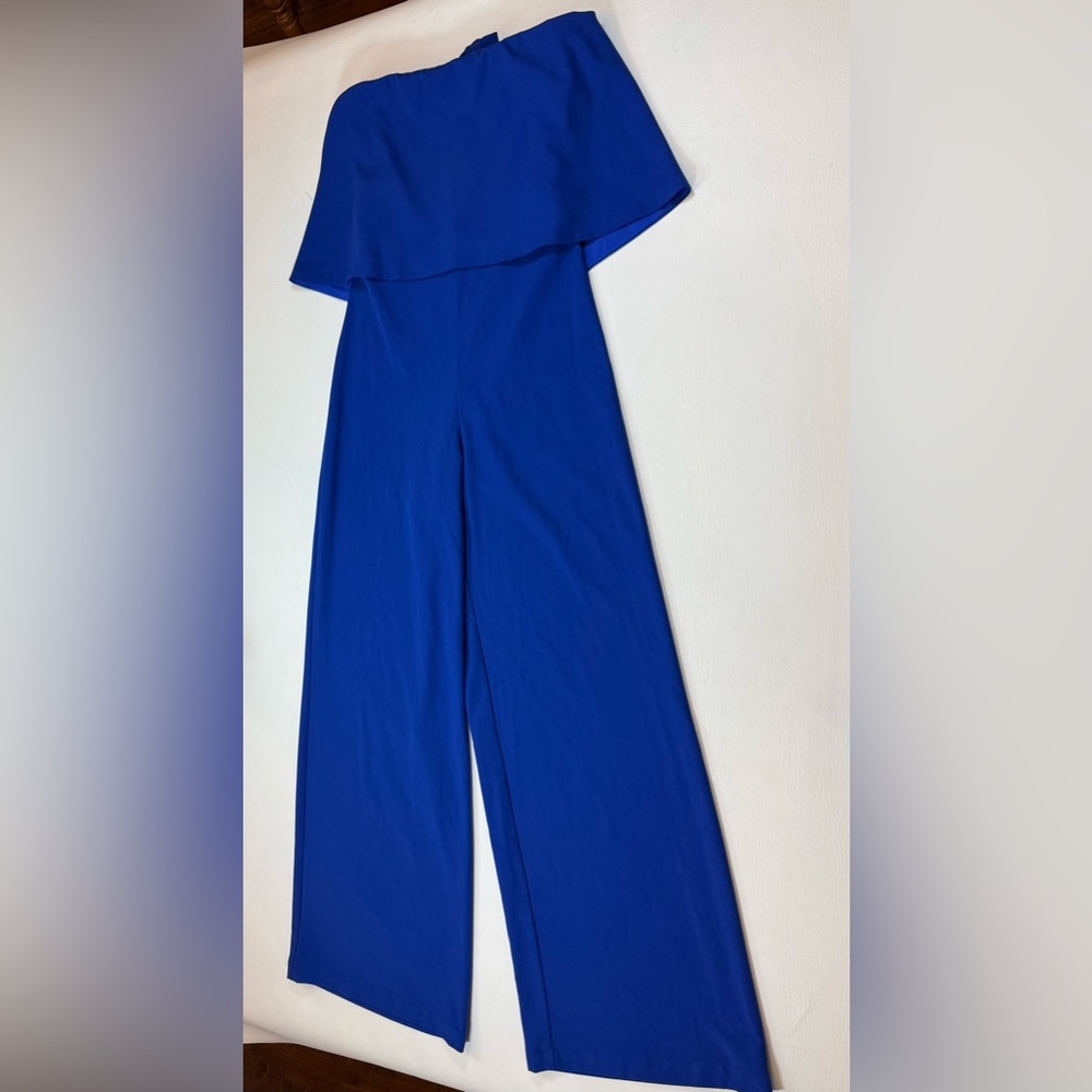 Mimi and Dottie Blue Stretch Popover Strapless Wide Leg Jumpsuit 10 (bin FF) - Picture 4 of 13